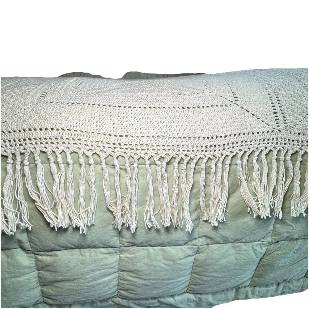 Historic Charleston Handmade Ecru Crochet Cotton QUEEN Blanket Star Popcorn Boho